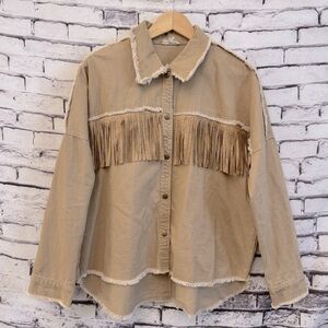Main Strip Studded Fringe Oversized Shacket Size Small in Tan
